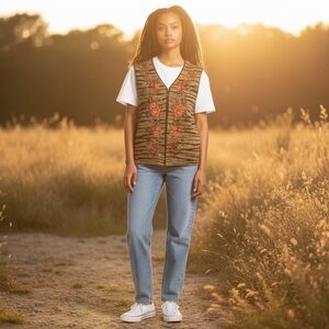 Alfred Dunner Vintage Floral Embroidered Wool Blend Knit Full Zip Vest sz M